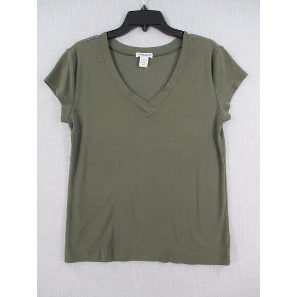 Chicos Olive Green V-Neck Cotton Blend Short Sleeve Top Size 1 - Picture 1 of 8